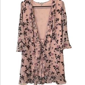 Charlotte Russe Pink Floral Boho Cottagecore Knee Length Tie Kimono Ruffle Top